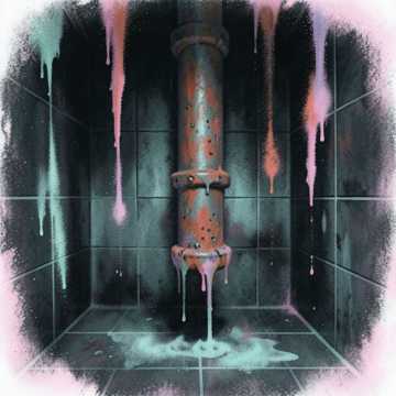 Dark cinematic horror ambience inside an abandoned spa. Deep cover art